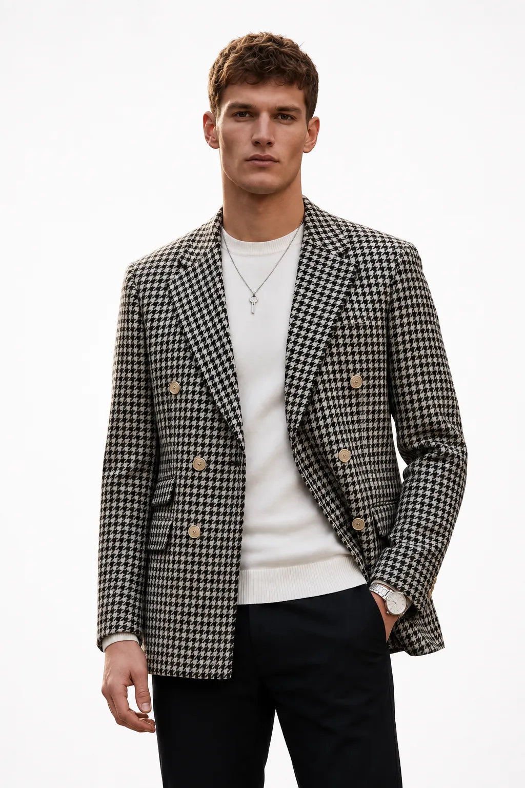 MANSSINO™ | Men's Black Houndstooth Double-Breasted 2-Piece Suit