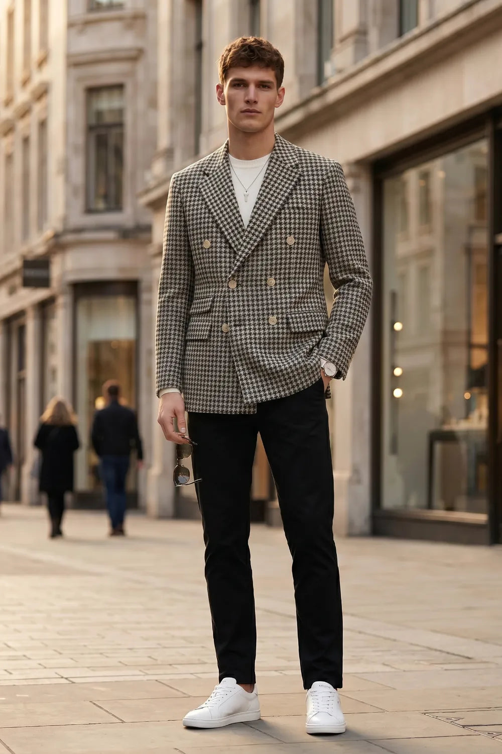 MANSSINO™ | Men's Black Houndstooth Double-Breasted 2-Piece Suit