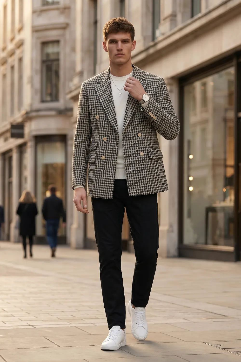 MANSSINO™ | Men's Black Houndstooth Double-Breasted 2-Piece Suit