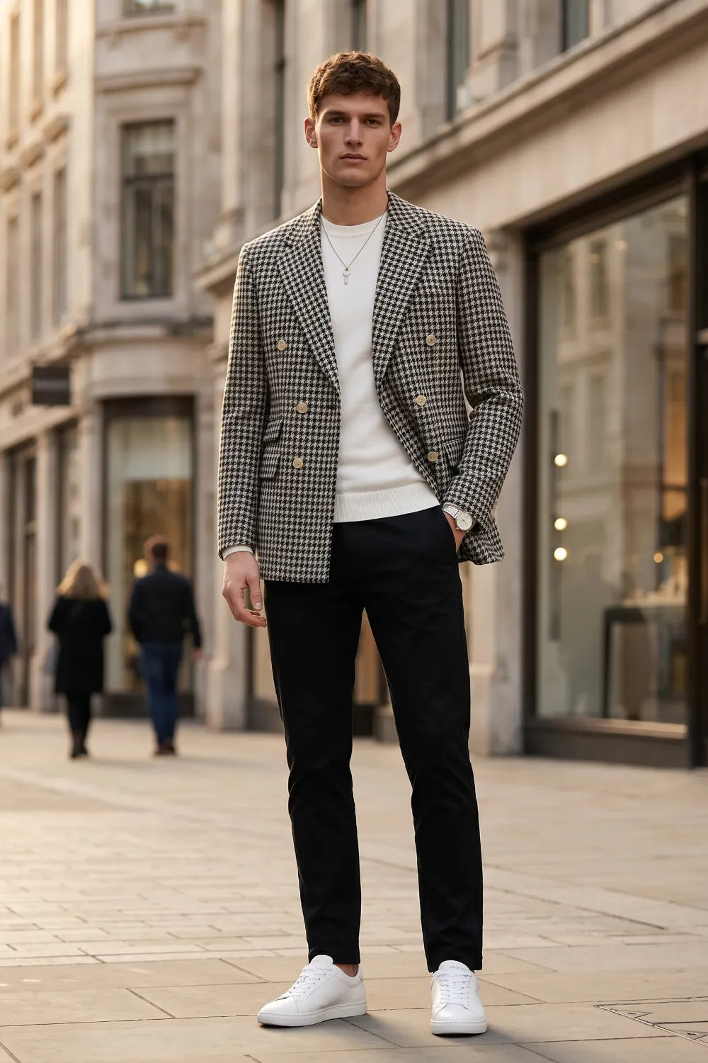 MANSSINO™ | Men's Black Houndstooth Double-Breasted 2-Piece Suit