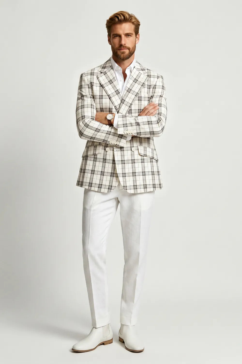 MANSSINO™ | Men's Modern White Plaid 2 Piece Suit