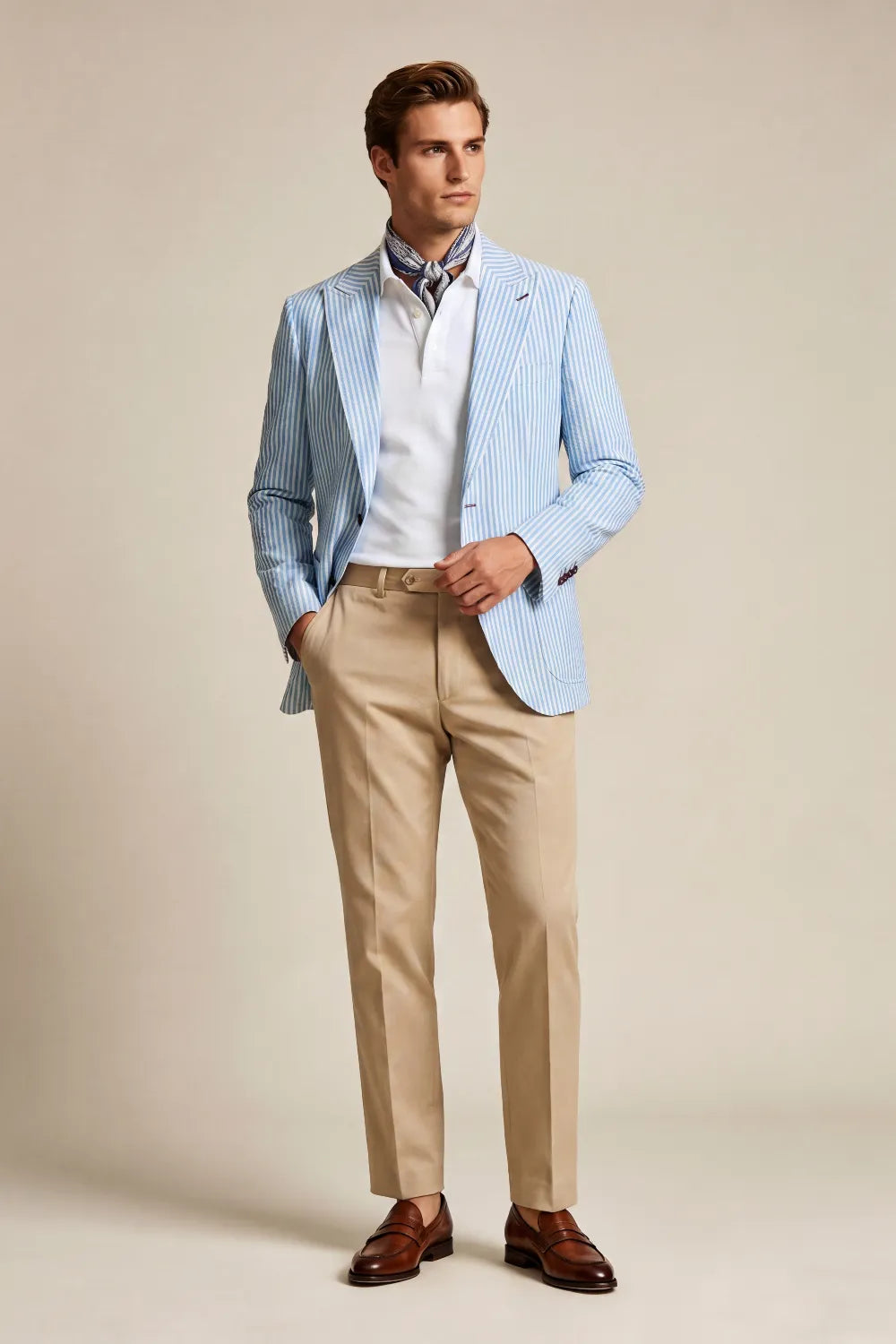 MANSSINO™ | Men's Light Blue Striped Seersucker Peak Lapel 2 Piece Suit