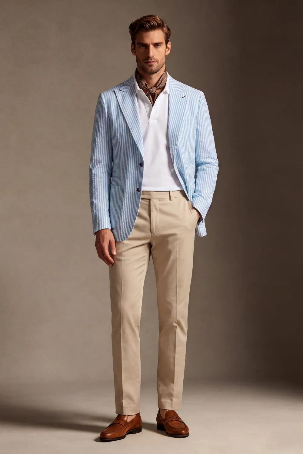 MANSSINO™ | Men's Light Blue Striped Seersucker Peak Lapel 2 Piece Suit