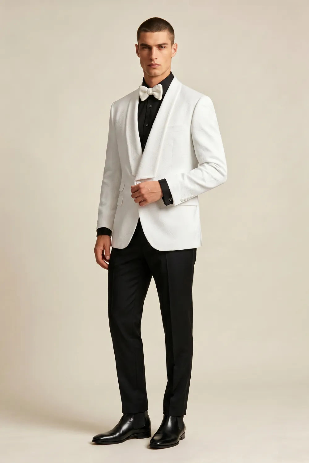 MANSSINO™ | Men's White Jacquard Shawl Lapel 2-Piece Tuxedo Suit