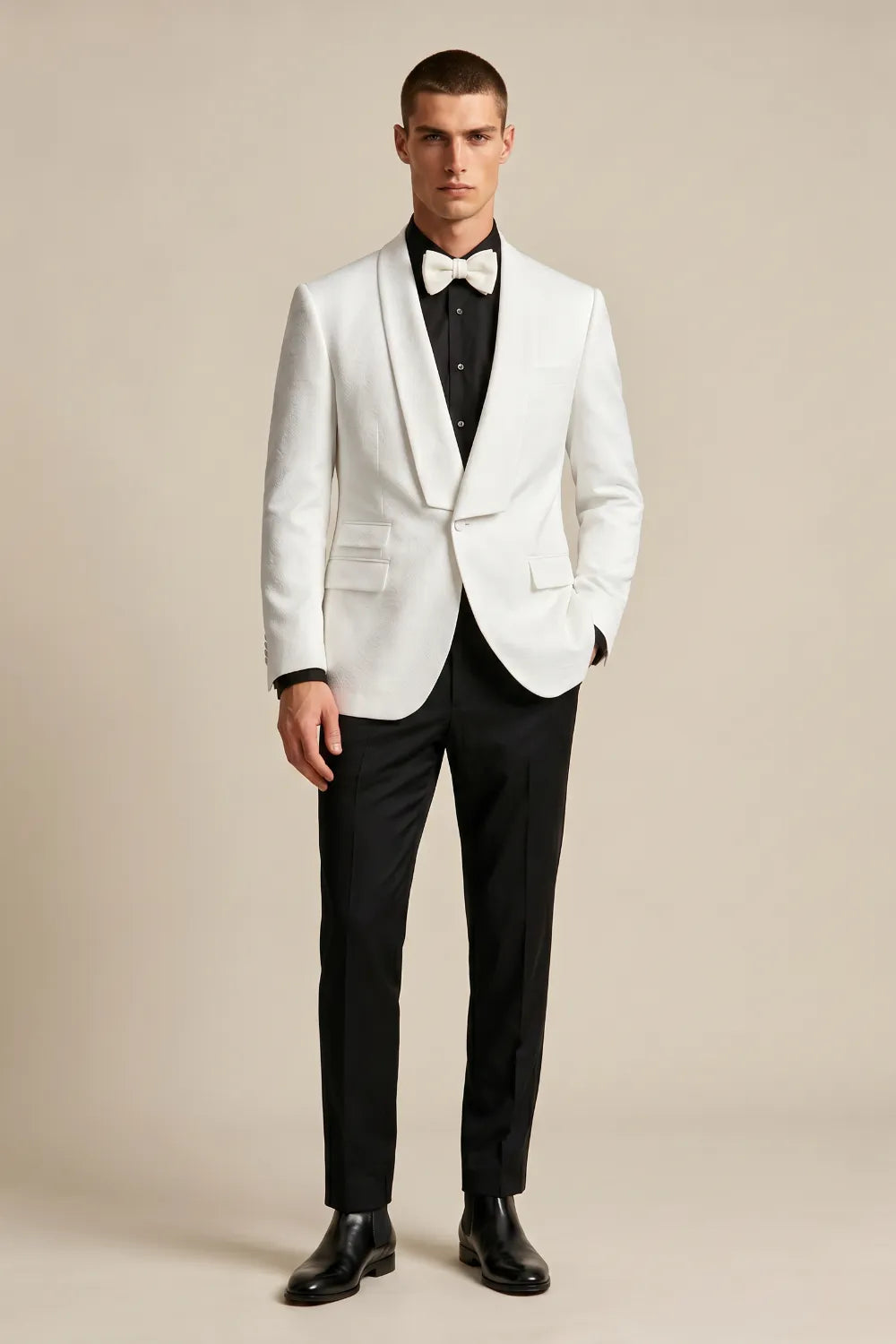 MANSSINO™ | Men's White Jacquard Shawl Lapel 2-Piece Tuxedo Suit