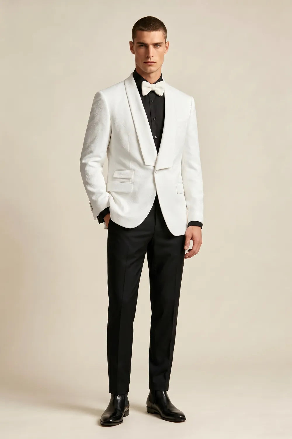 MANSSINO™ | Men's White Jacquard Shawl Lapel 2-Piece Tuxedo Suit