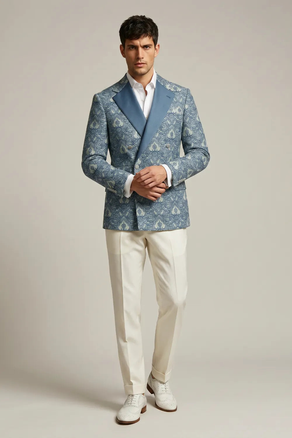 MANSSINO™ | Men's Dusty Blue Damask Jacquard Double Breasted 2-Piece Suit