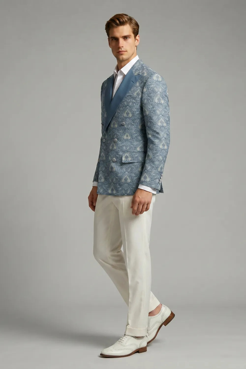 MANSSINO™ | Men's Dusty Blue Damask Jacquard Double Breasted 2-Piece Suit