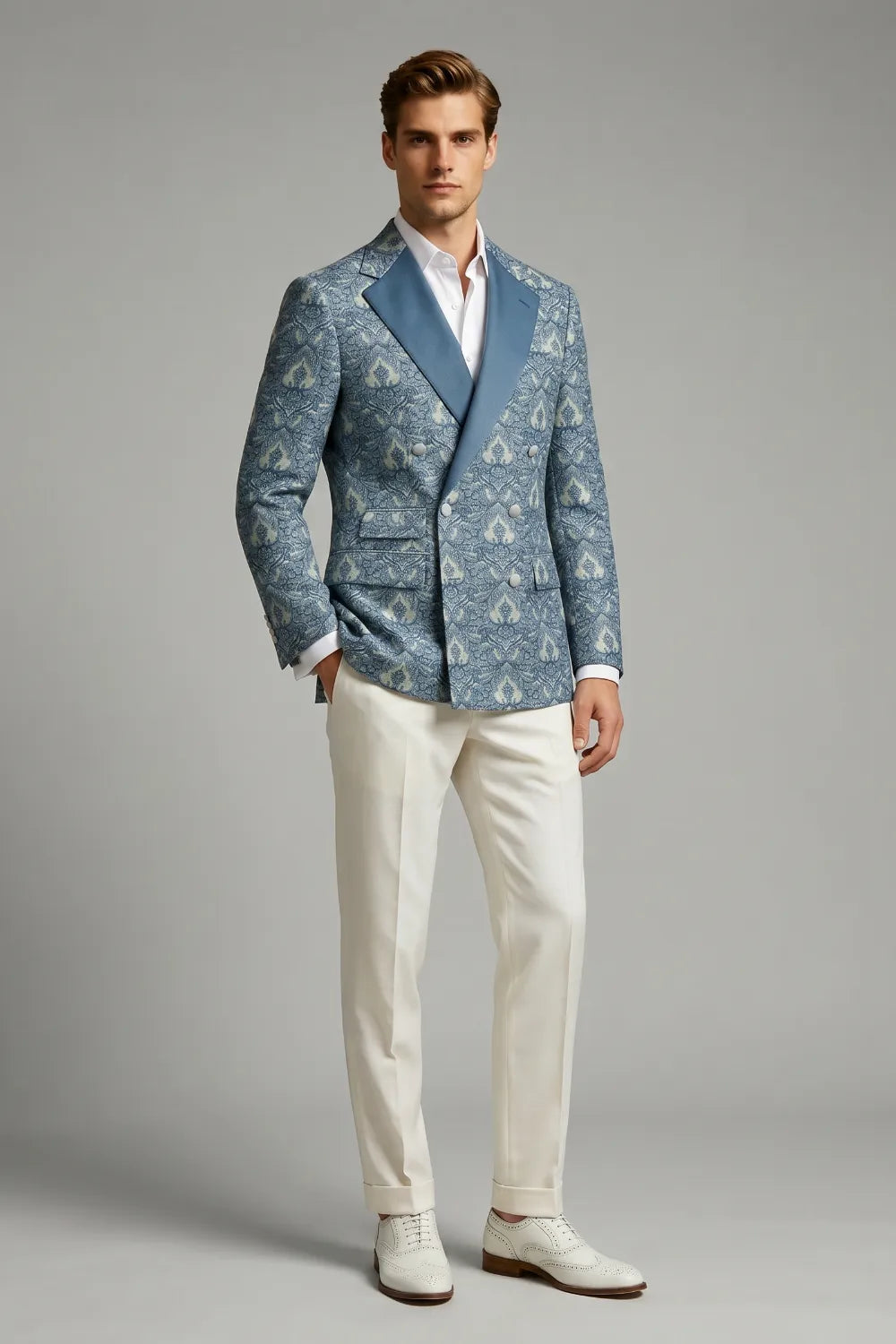 MANSSINO™ | Men's Dusty Blue Damask Jacquard Double Breasted 2-Piece Suit