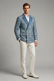 MANSSINO™ | Men's Dusty Blue Damask Jacquard Double Breasted 2-Piece Suit