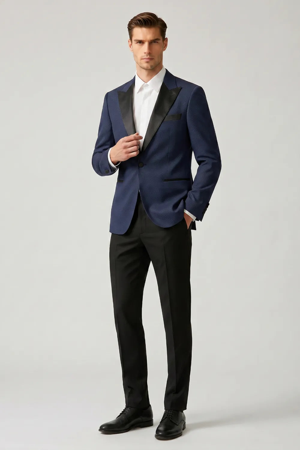 MANSSINO™ | Men's Navy Blue Satin Peak Lapel Slim Fit 2-Piece Tuxedo Suit