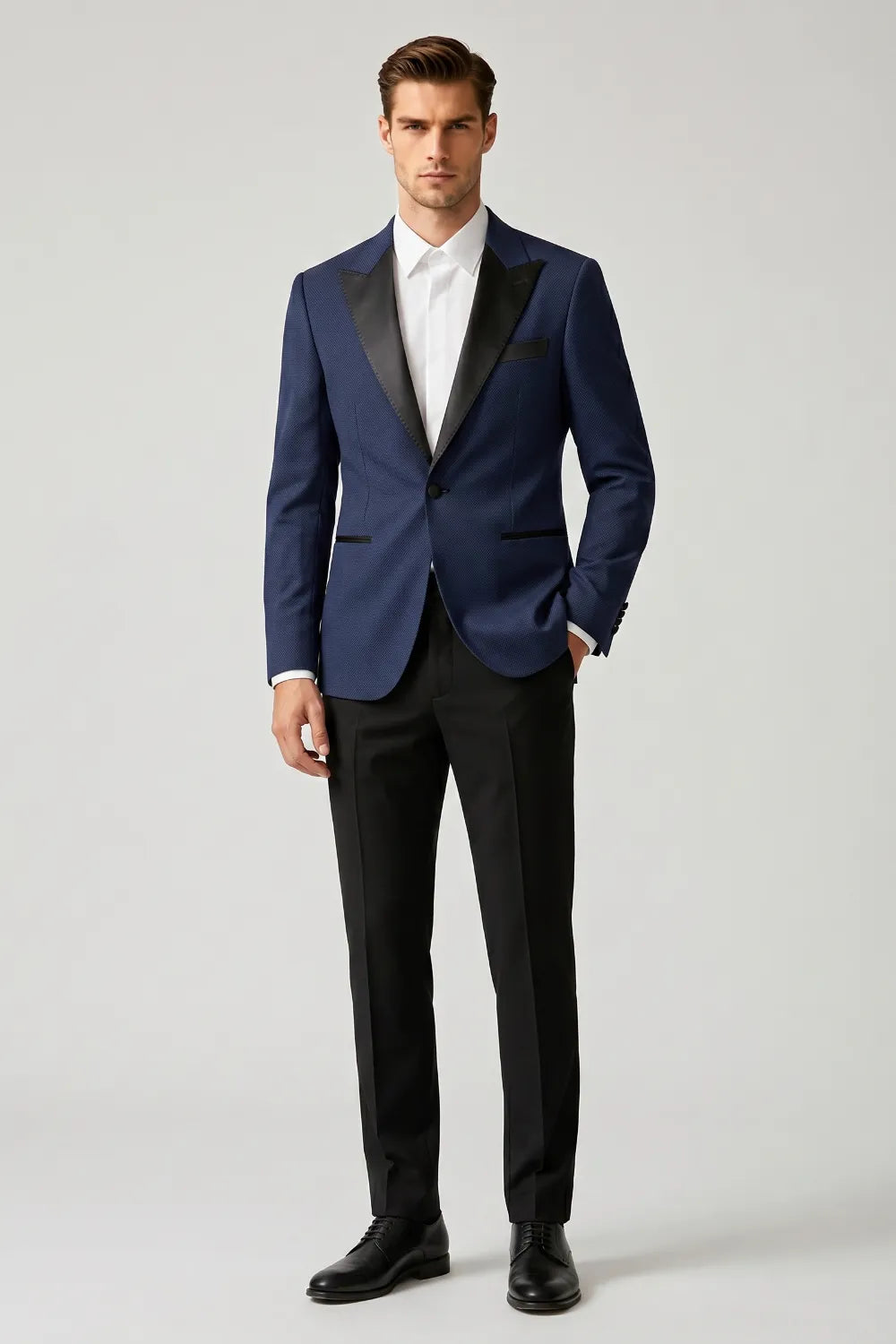 MANSSINO™ | Men's Navy Blue Satin Peak Lapel Slim Fit 2-Piece Tuxedo Suit