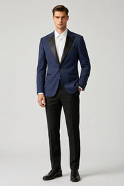 MANSSINO™ | Men's Navy Blue Satin Peak Lapel Slim Fit 2-Piece Tuxedo Suit