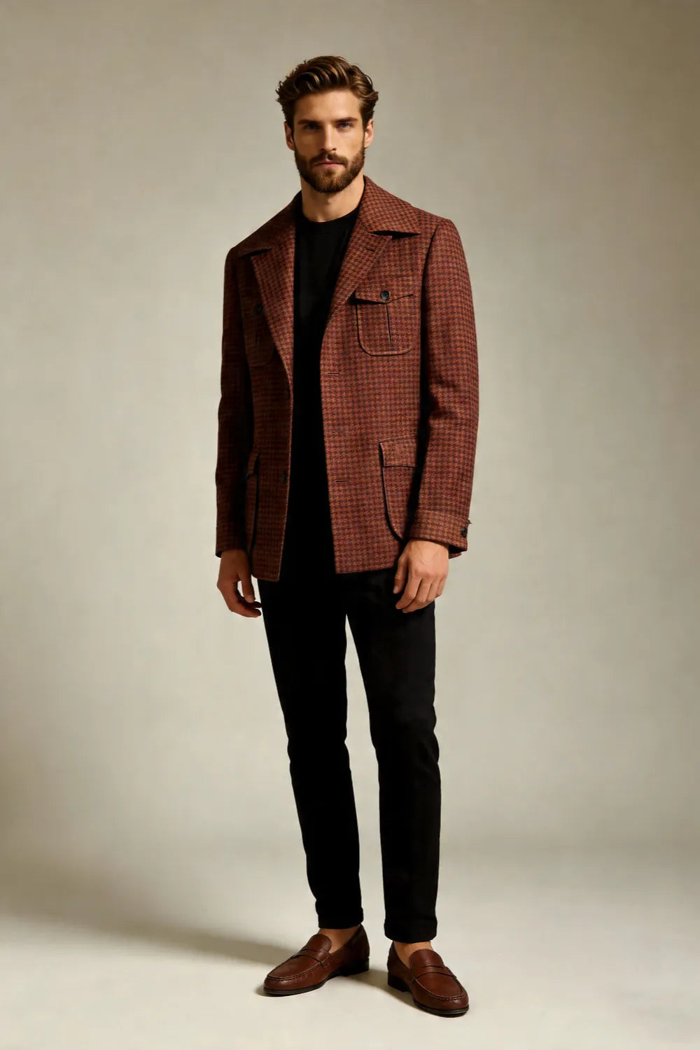 MANSSINO™ | Men's Rust Brown Houndstooth Wide Lapel 2-Piece Suit