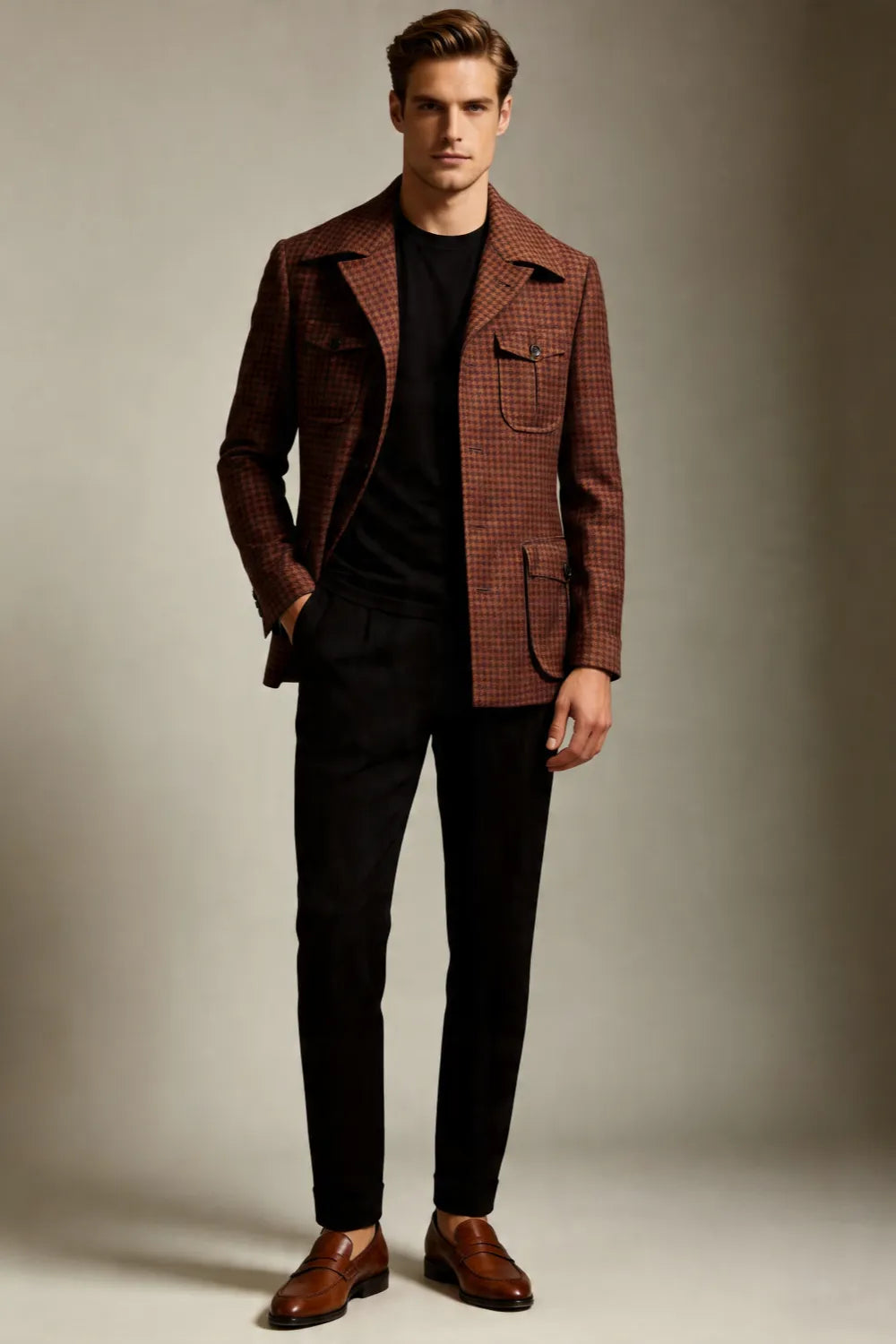 MANSSINO™ | Men's Rust Brown Houndstooth Wide Lapel 2-Piece Suit