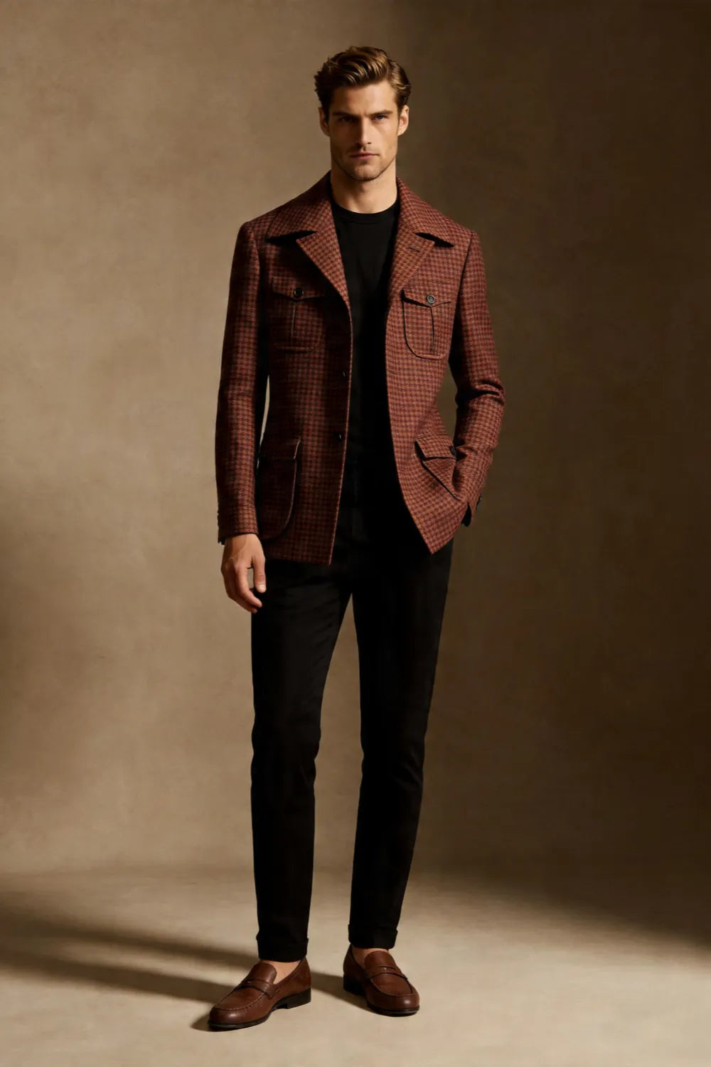 MANSSINO™ | Men's Rust Brown Houndstooth Wide Lapel 2-Piece Suit