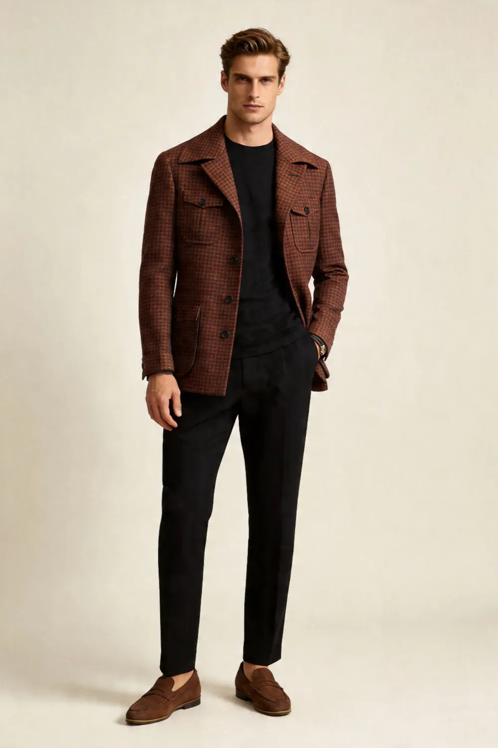 MANSSINO™ | Men's Rust Brown Houndstooth Wide Lapel 2-Piece Suit