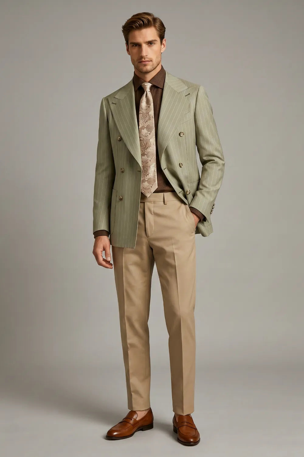 MANSSINO™ | Men's Sage Green Pinstripe Double-Breasted 2-Piece Suit