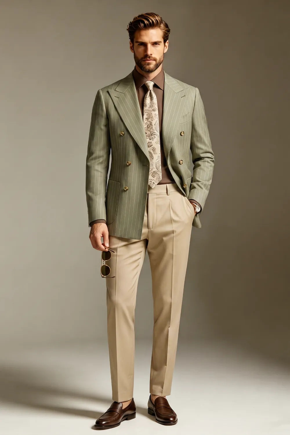 MANSSINO™ | Men's Sage Green Pinstripe Double-Breasted 2-Piece Suit