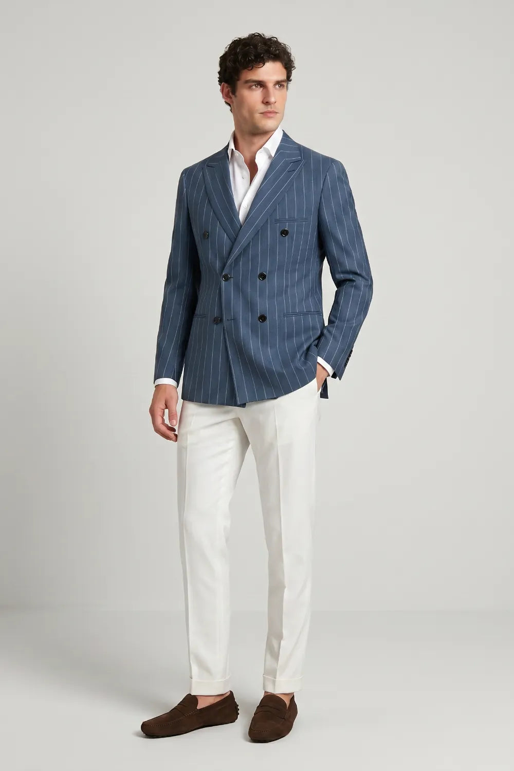 MANSSINO™ | Men's Slate Blue Pinstripe Double Breasted Peak Lapel 2 Piece Suit