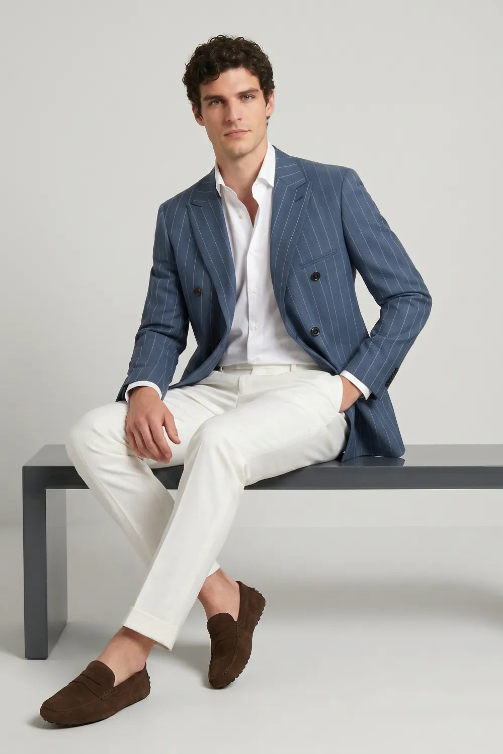 MANSSINO™ | Men's Slate Blue Pinstripe Double Breasted Peak Lapel 2 Piece Suit