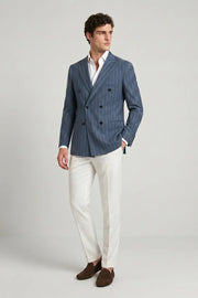 MANSSINO™ | Men's Slate Blue Pinstripe Double Breasted Peak Lapel 2 Piece Suit