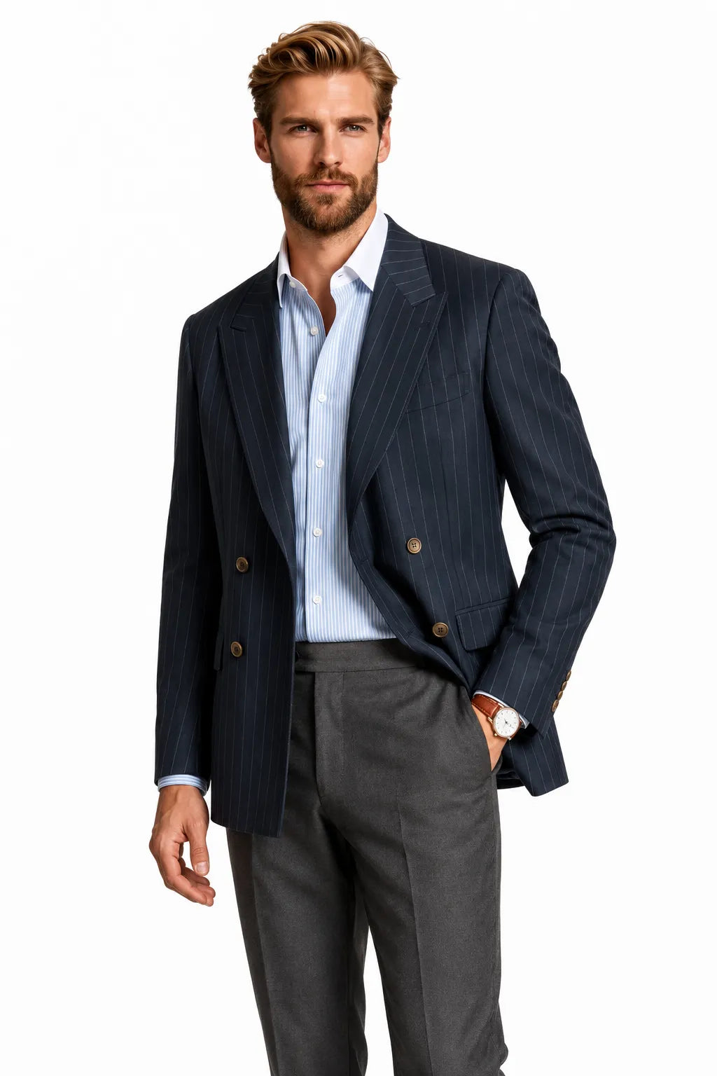 MANSSINO™ | Men's Navy Pinstripe Double-Breasted 2 Piece Suit