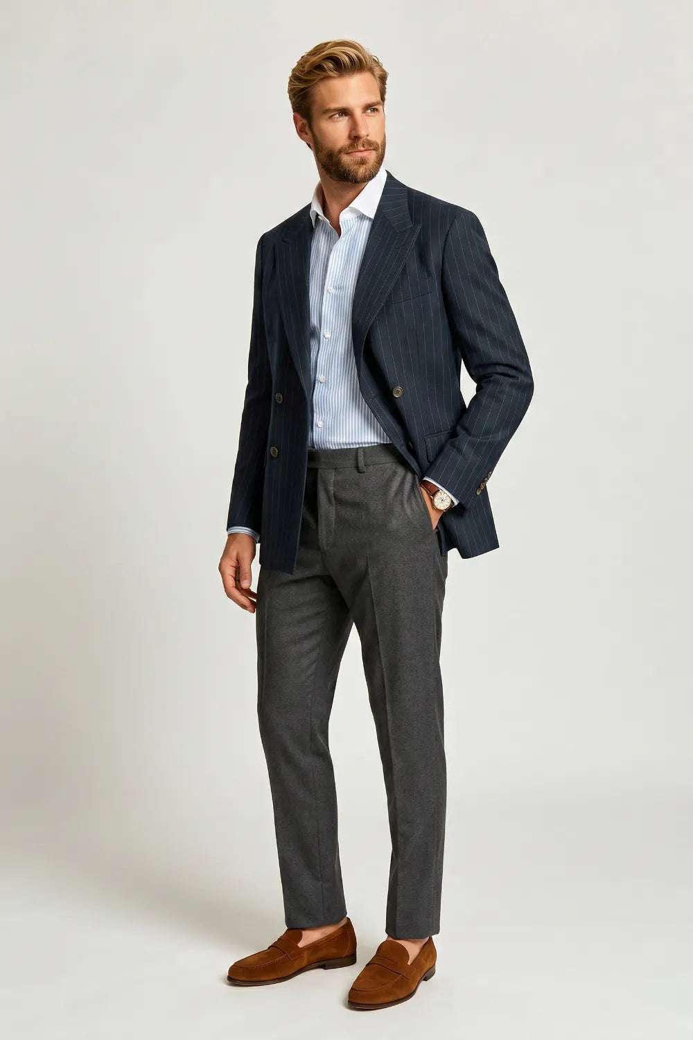MANSSINO™ | Men's Navy Pinstripe Double-Breasted 2 Piece Suit