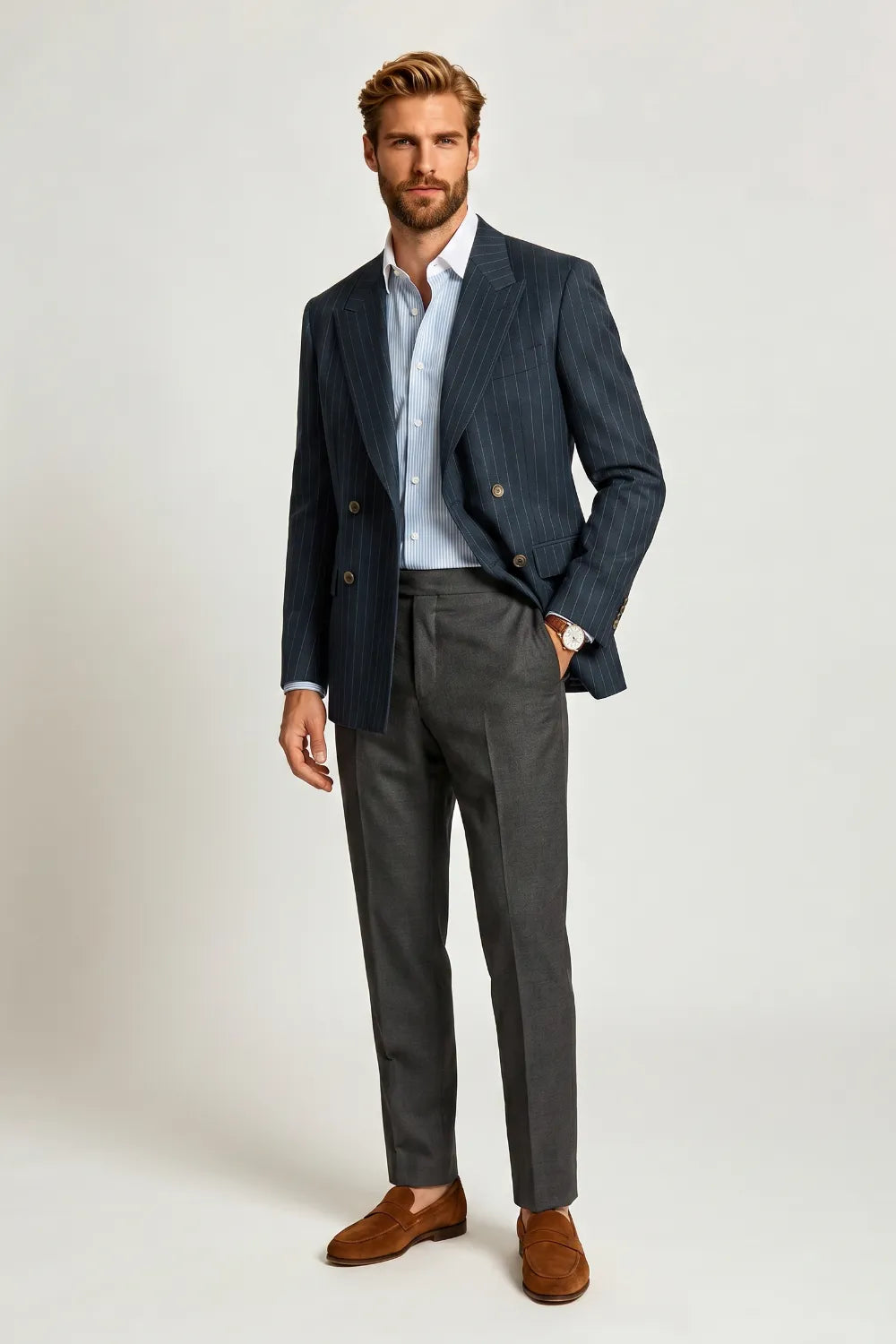 MANSSINO™ | Men's Navy Pinstripe Double-Breasted 2 Piece Suit