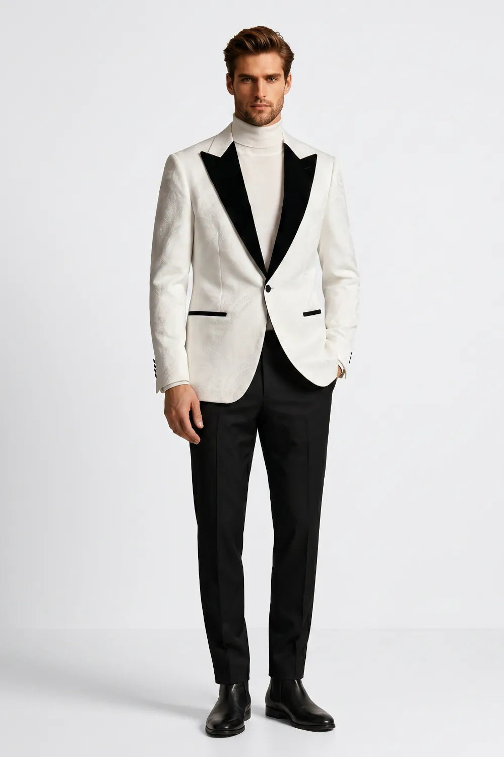 MANSSINO™ | Men's White Jacquard Black Peak Lapel 2-Piece Tuxedo Suit