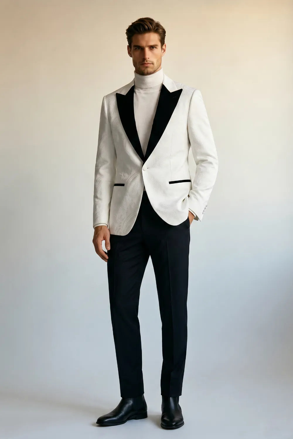 MANSSINO™ | Men's White Jacquard Black Peak Lapel 2-Piece Tuxedo Suit
