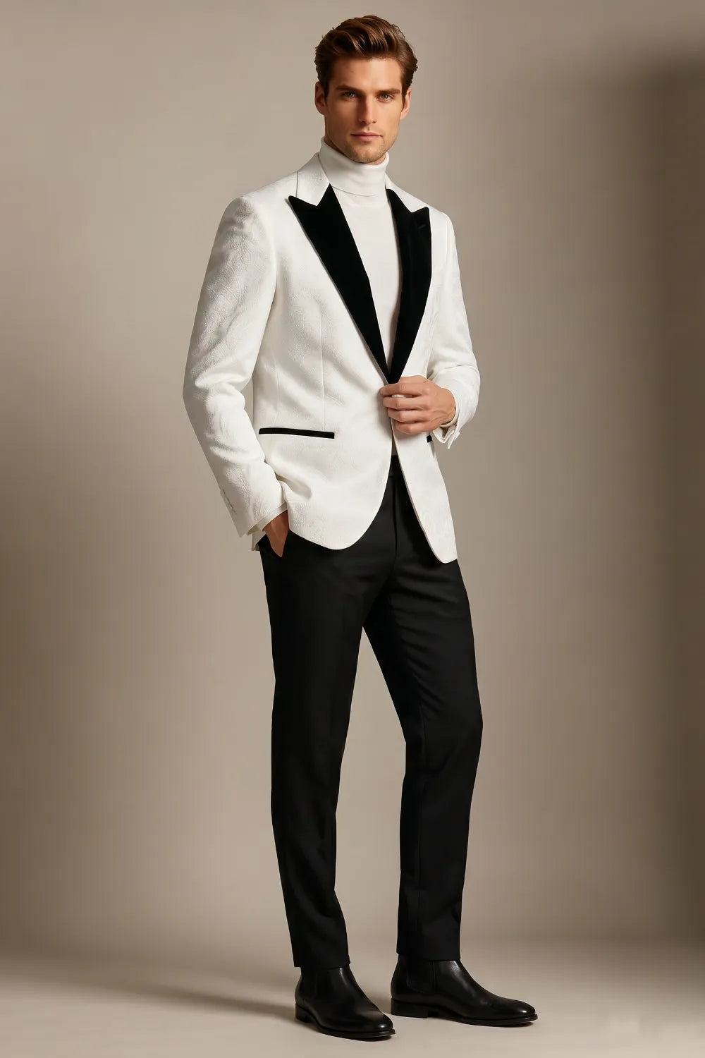 MANSSINO™ | Men's White Jacquard Black Peak Lapel 2-Piece Tuxedo Suit