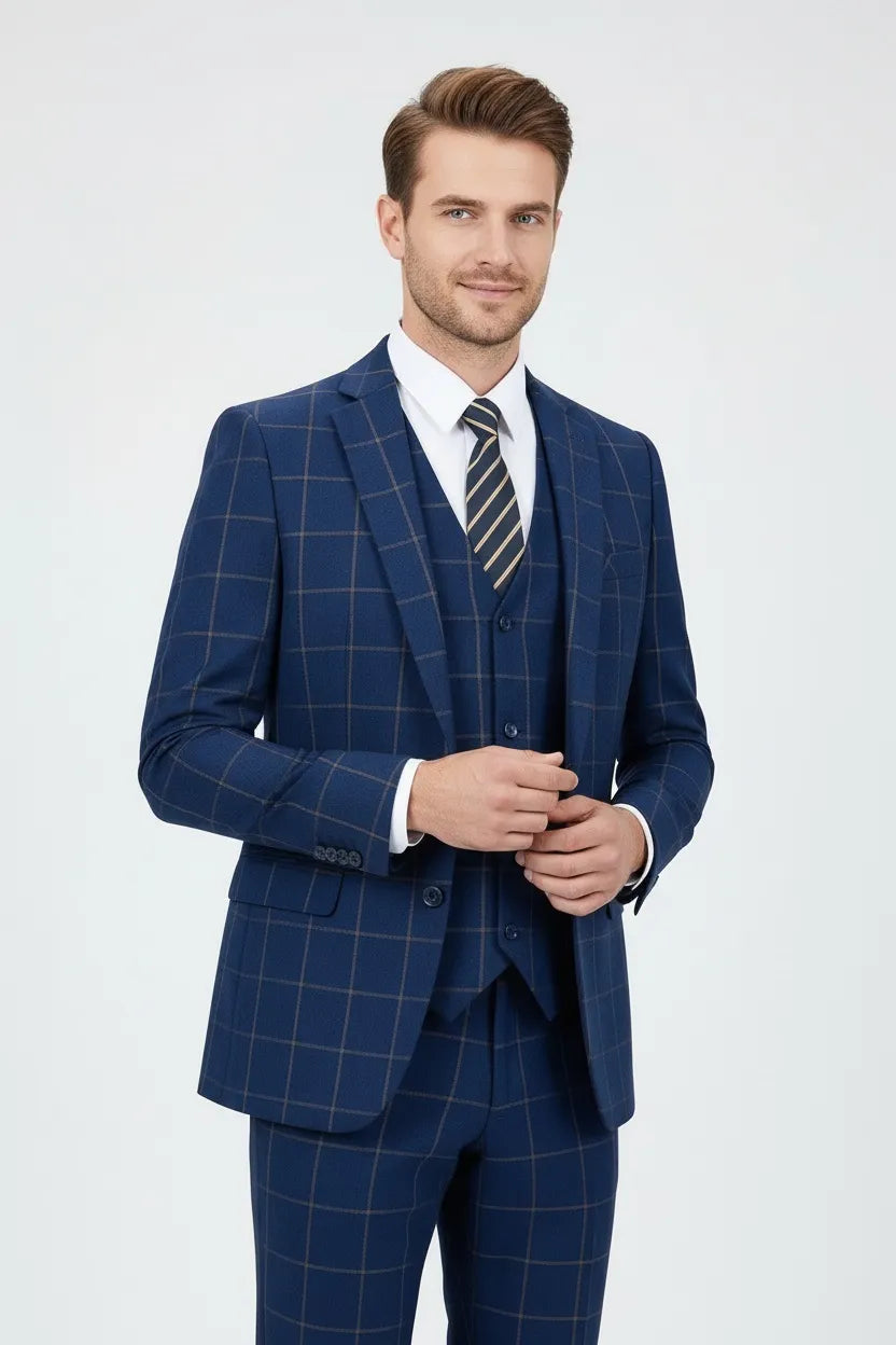 MANSSINO™ | Men's Windowpane Check 3-Piece Suit