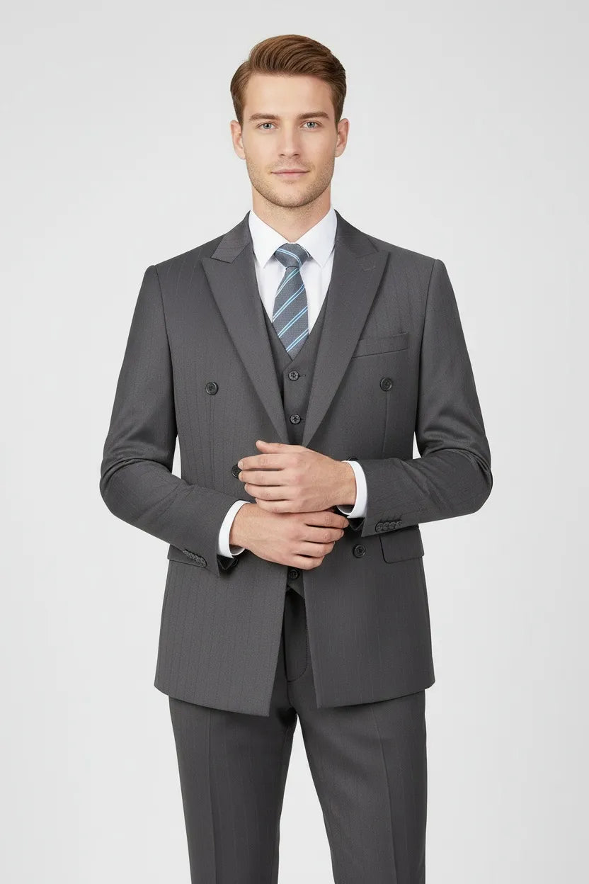 MANSSINO™ | Men's Peak Lapel Stripe 3 Piece Suit