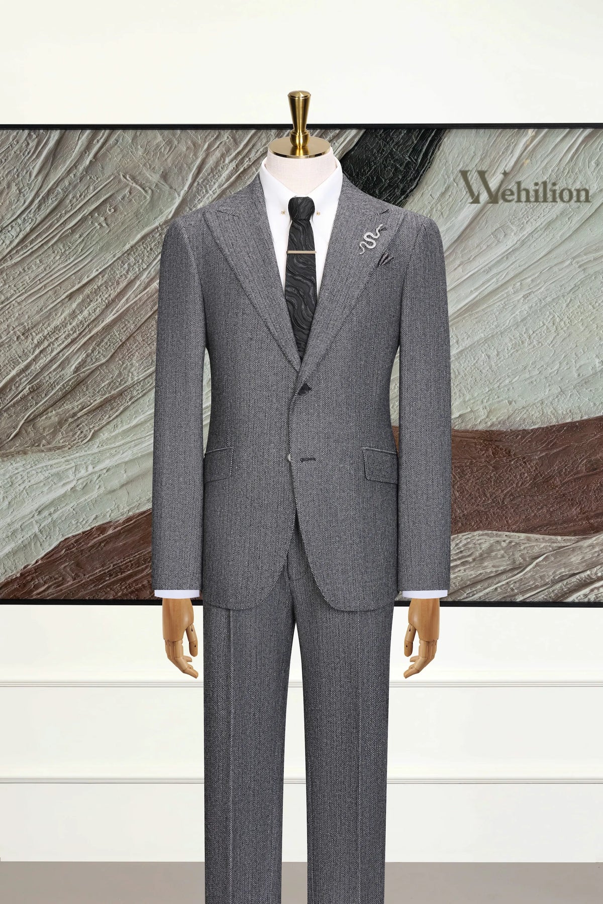 MANSSINO™ | Men's Dark Grey Herringbone 3-Piece Suit