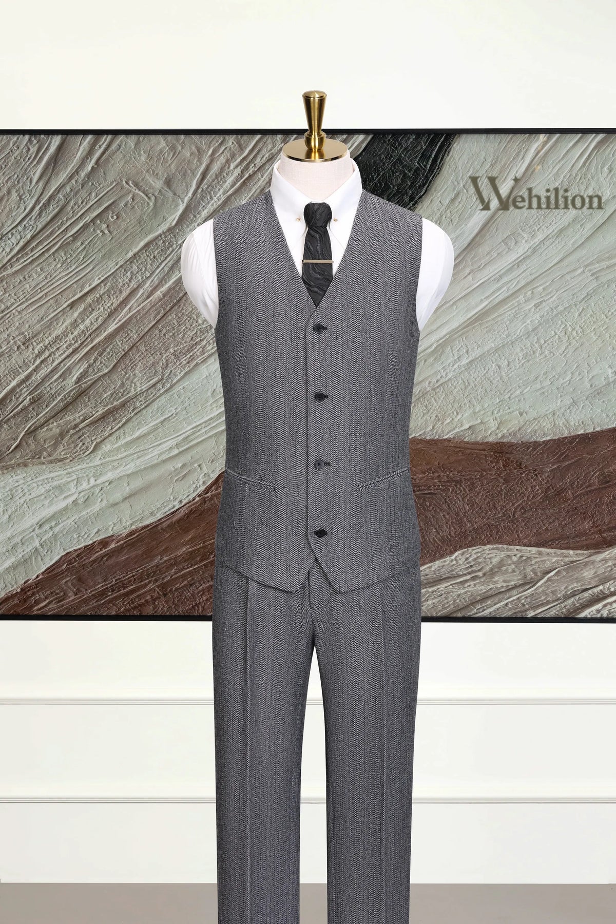 MANSSINO™ | Men's Dark Grey Herringbone 3-Piece Suit