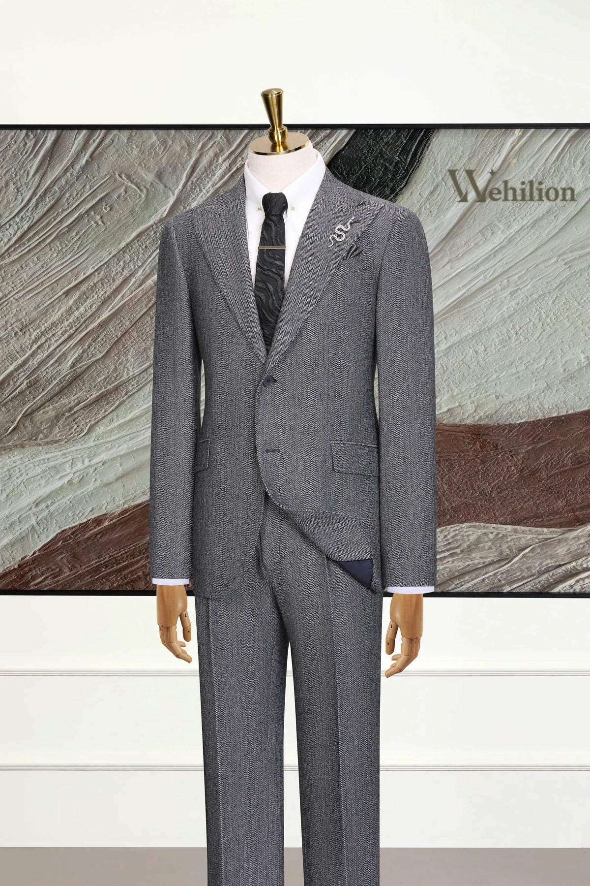 MANSSINO™ | Men's Dark Grey Herringbone 3-Piece Suit
