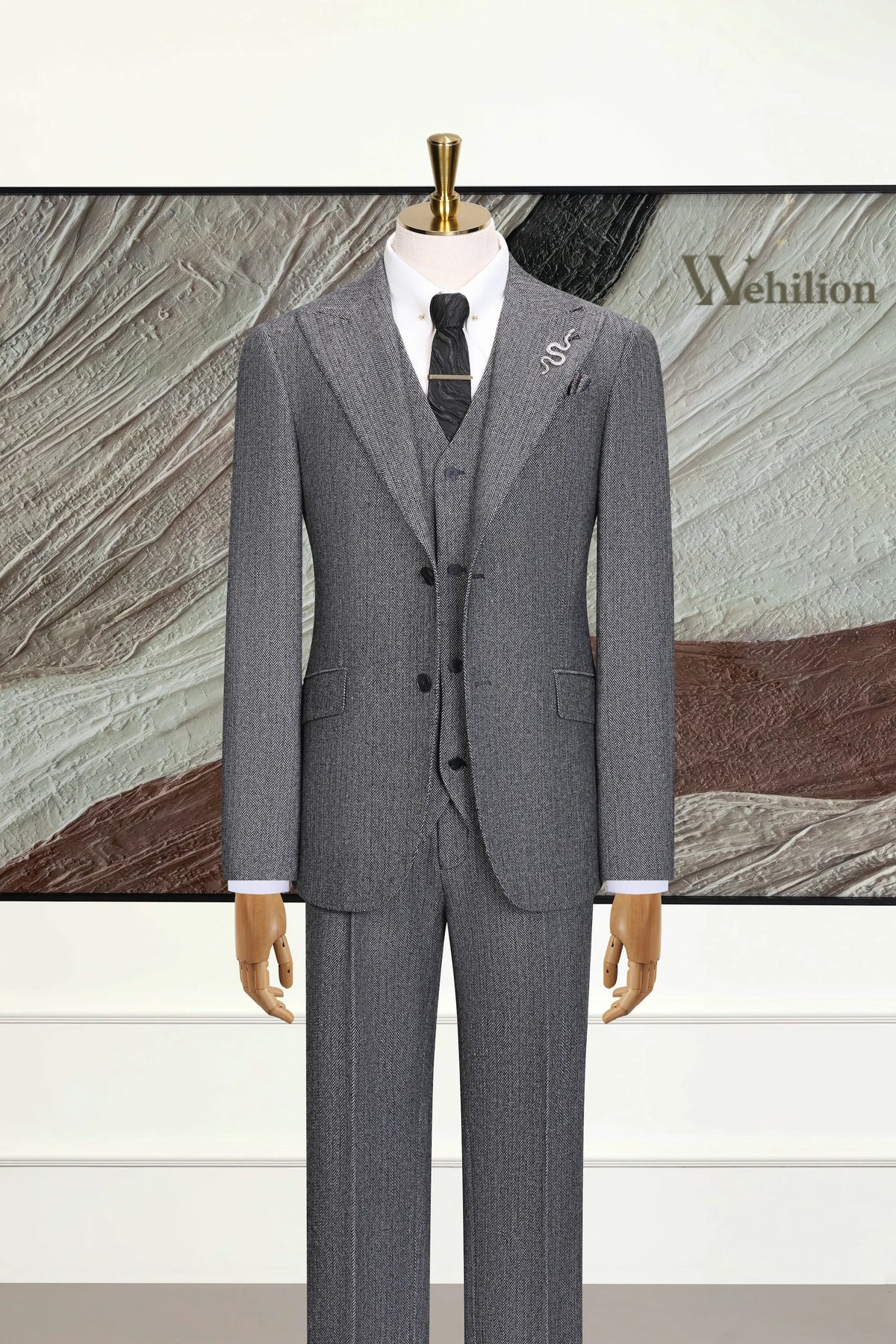 MANSSINO™ | Men's Dark Grey Herringbone 3-Piece Suit