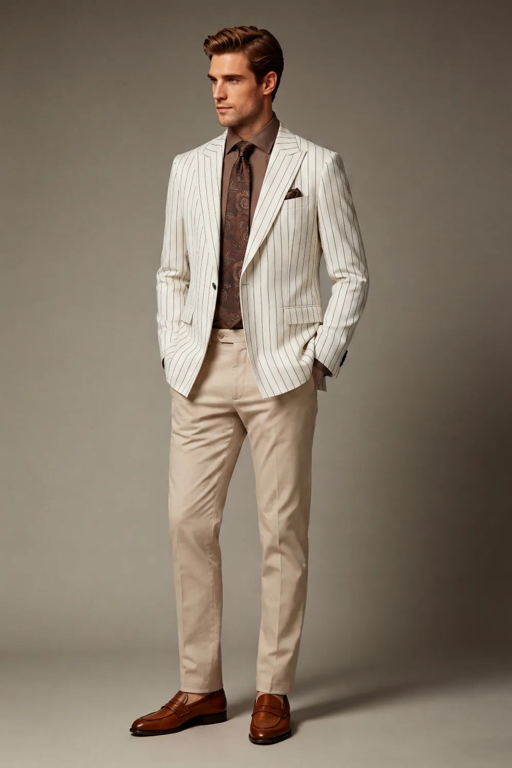 MANSSINO™ | Men's Ivory Pinstripe Peak Lapel 2-Piece Suit