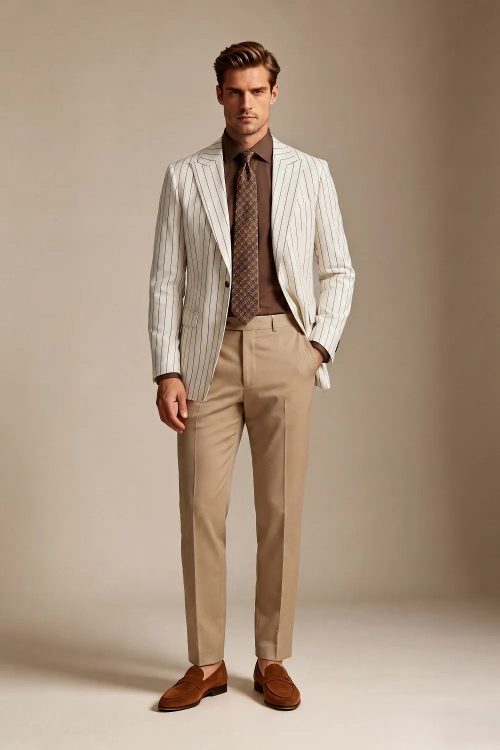 MANSSINO™ | Men's Ivory Pinstripe Peak Lapel 2-Piece Suit