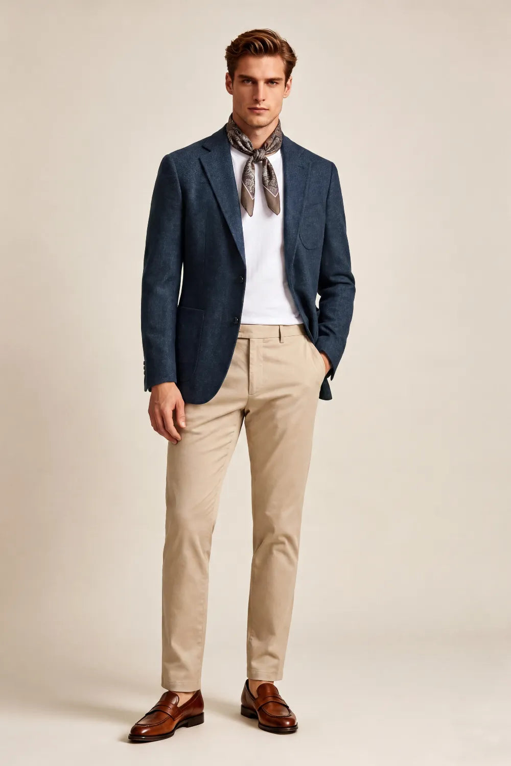 MANSSINO™ | Men's Navy Blue Textured Wool Blend Single-Breasted Two-Piece Suit