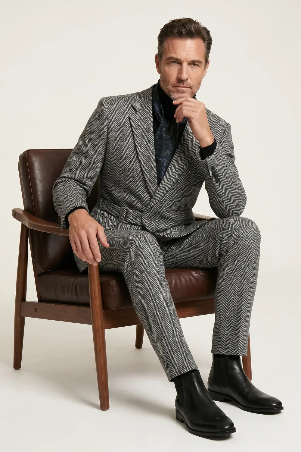 MANSSINO™ | Men's Black and White Herringbone Belted Suit