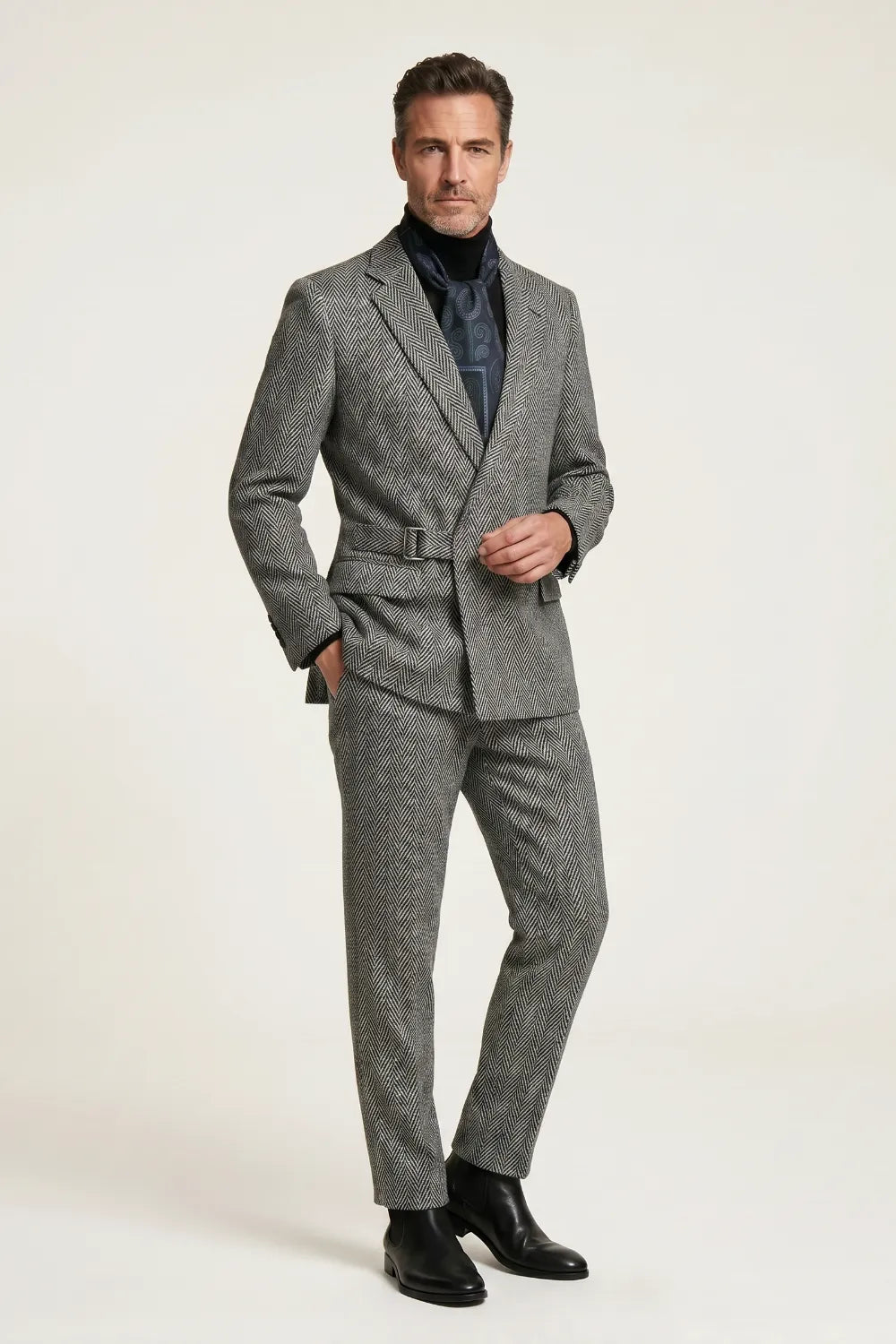 MANSSINO™ | Men's Black and White Herringbone Belted Suit