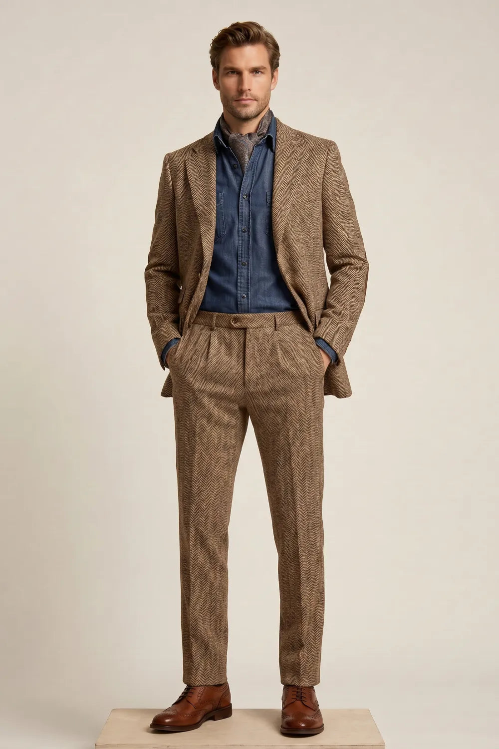 MANSSINO™ | Men's Camel Herringbone Tweed 2-Piece Suit