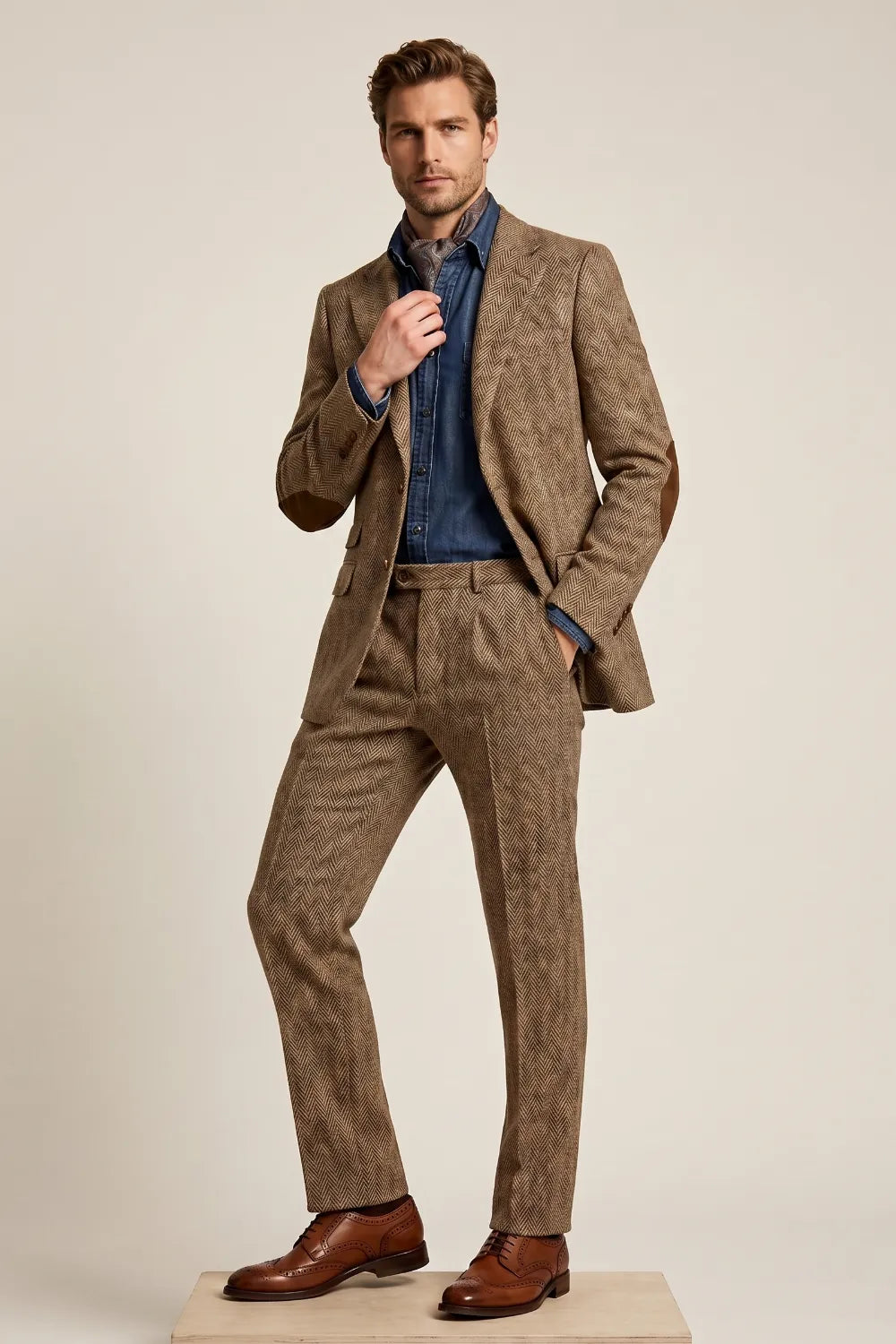MANSSINO™ | Men's Camel Herringbone Tweed 2-Piece Suit