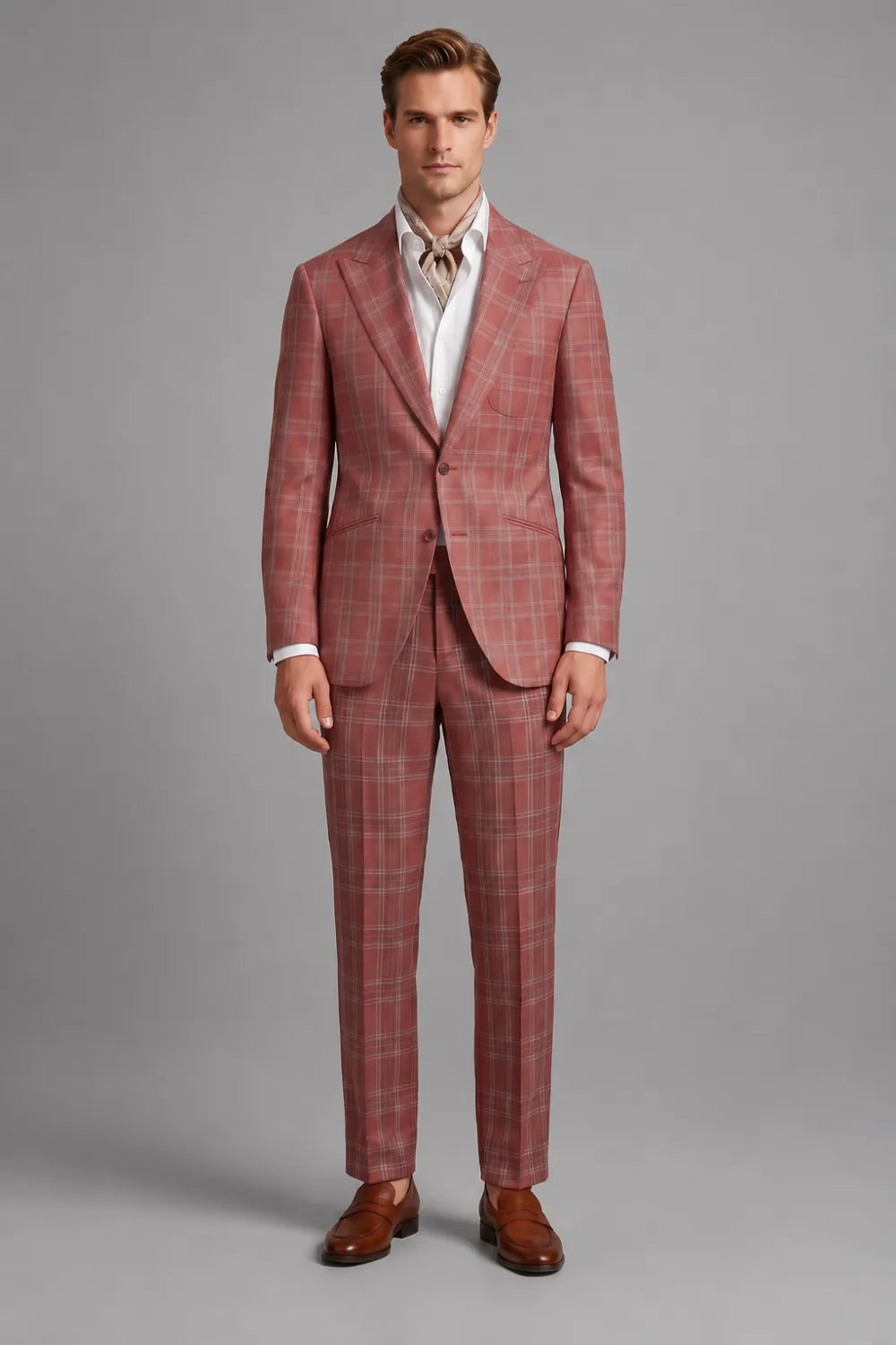 MANSSINO™ | Men's Brick Red Windowpane Wide Peak Lapel 3-Piece Suit