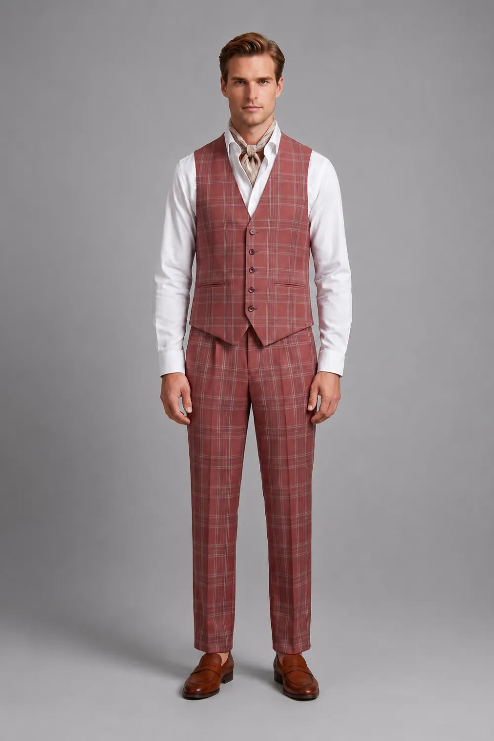 MANSSINO™ | Men's Brick Red Windowpane Wide Peak Lapel 3-Piece Suit
