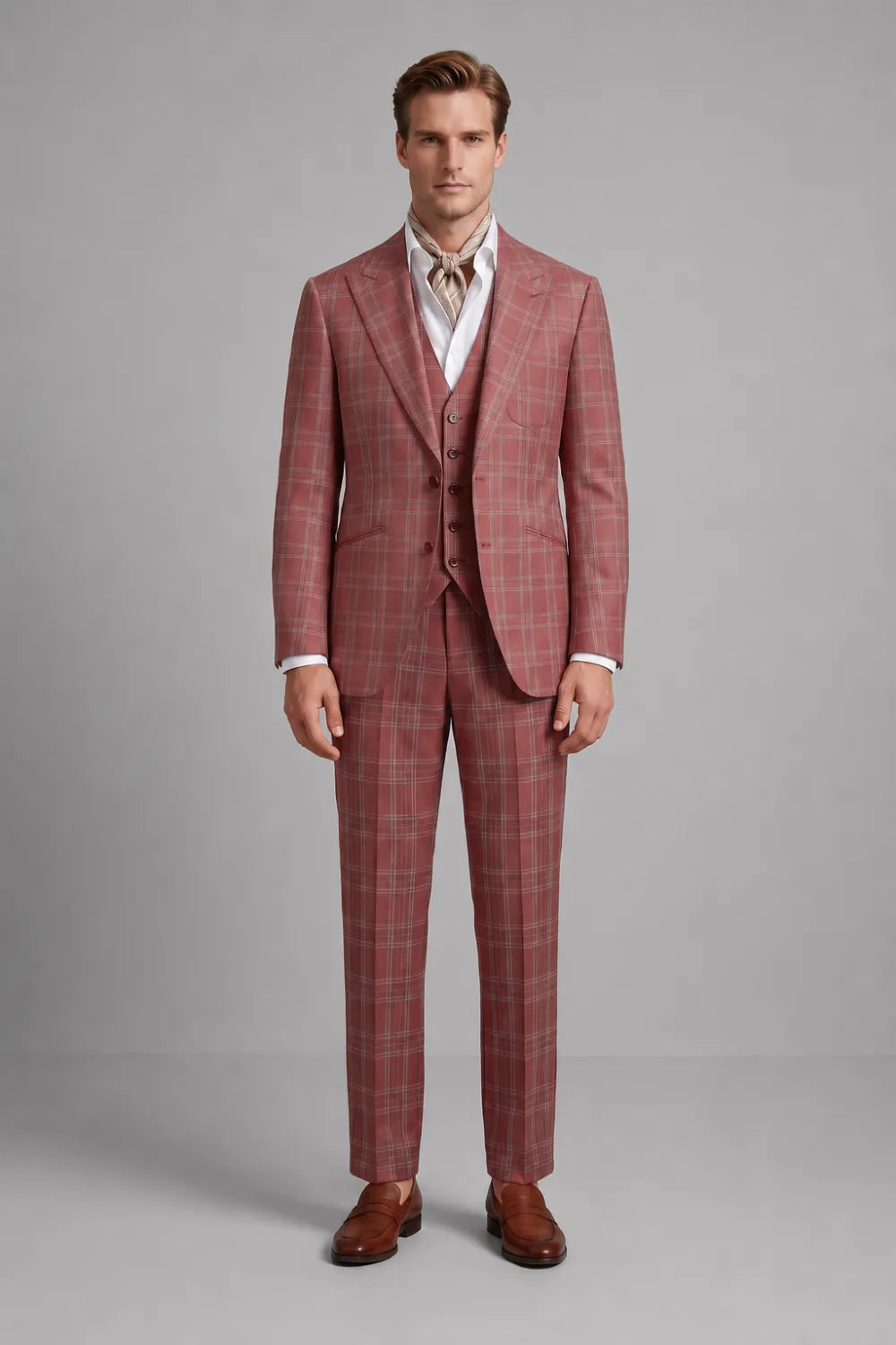 MANSSINO™ | Men's Brick Red Windowpane Wide Peak Lapel 3-Piece Suit