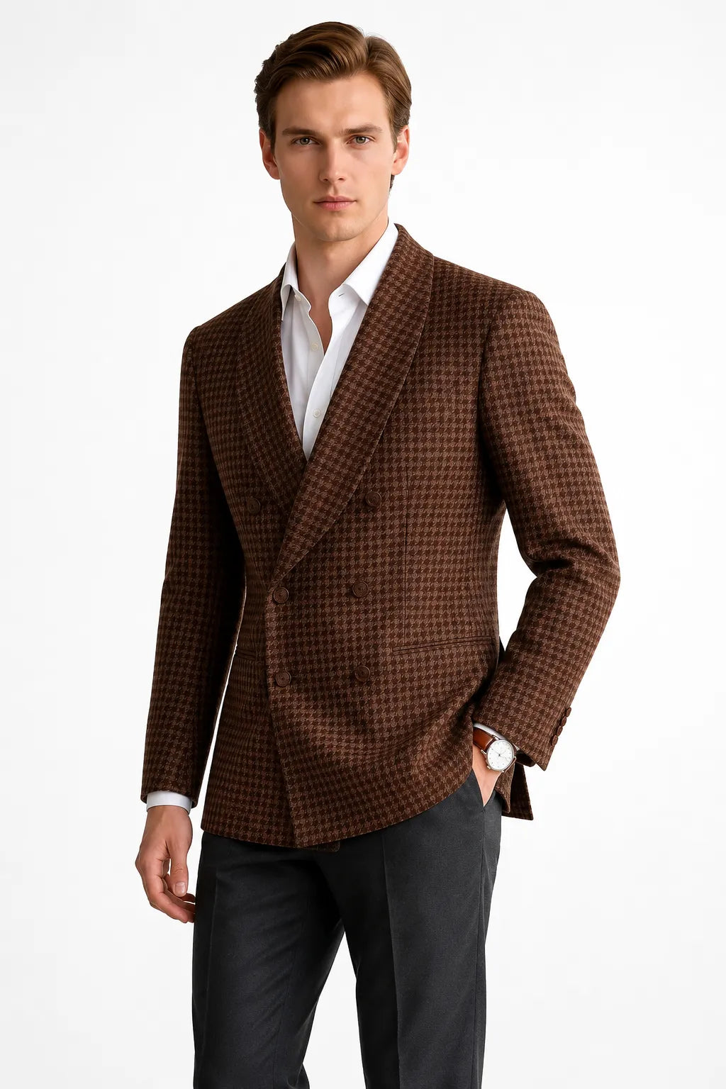 MANSSINO™ | Men's Brown Houndstooth Double-Breasted 2 Piece Suit