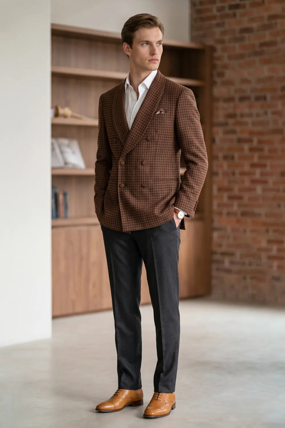 MANSSINO™ | Men's Brown Houndstooth Double-Breasted 2 Piece Suit